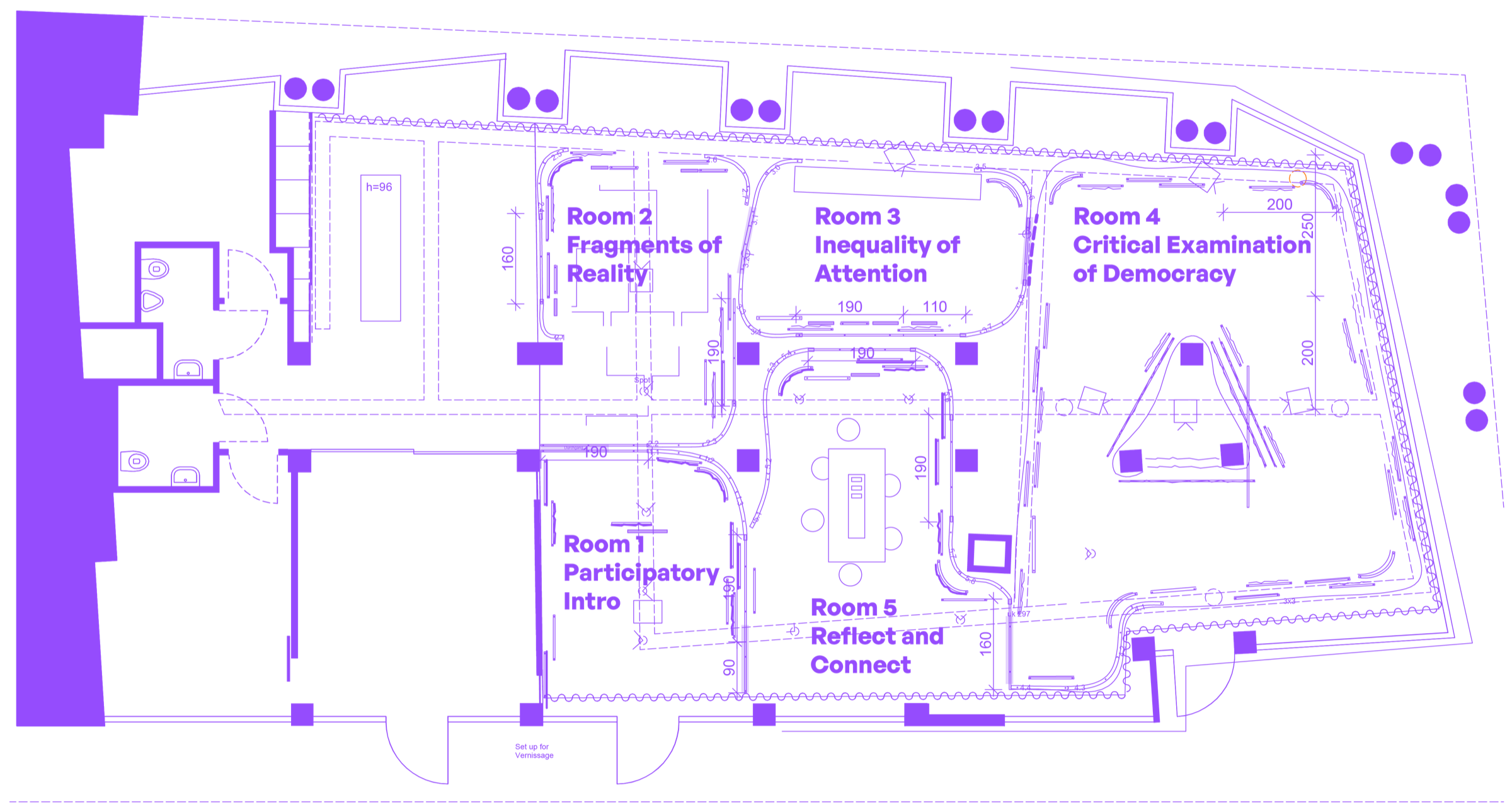 Floor plan of the exhibition space with five rooms: Participatory Intro, Fragments of Reality, Inequality of Attention, Critical Examination of Democracy, and Reflect and Connect.